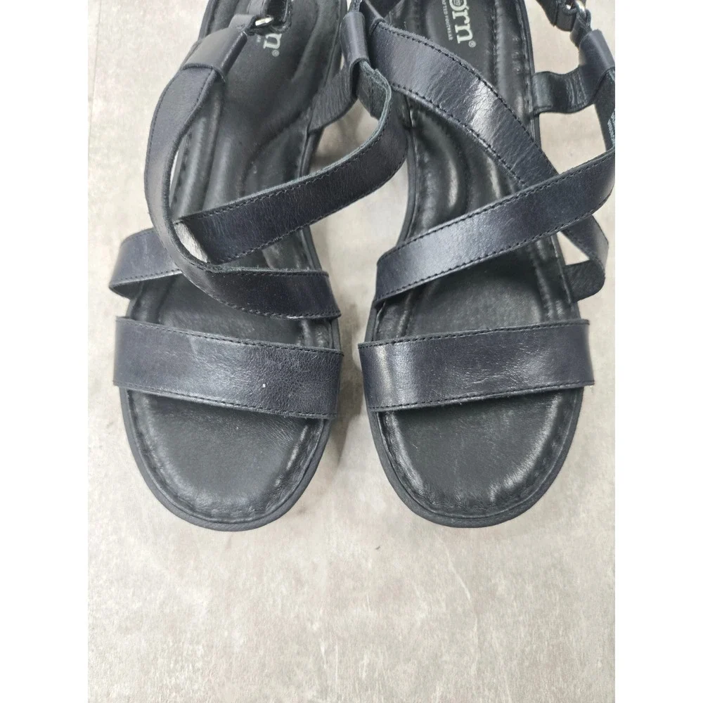 Born Strappy Low Wedge Sandals 11 Black Leather Slingback Comfort Summer Walking